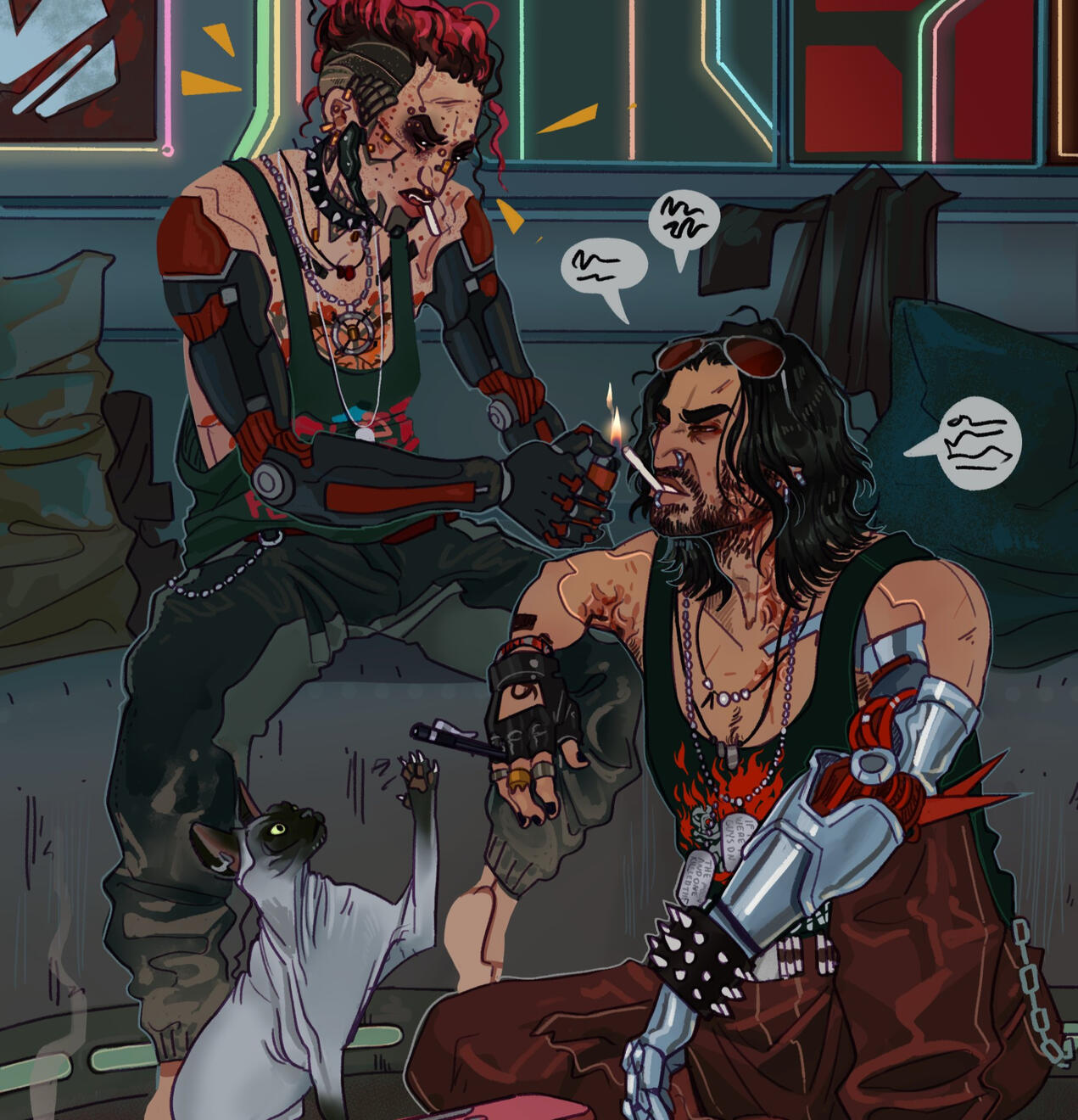 a cropped screenshot of my own art. a figure with two cybernetic arms is sitting on a couch lighting a cigarette sticking out of the mouth of Johnny Silverhand, who is sitting on the floor. A grey sphinx cat is batting at a pen dangling from his hand.